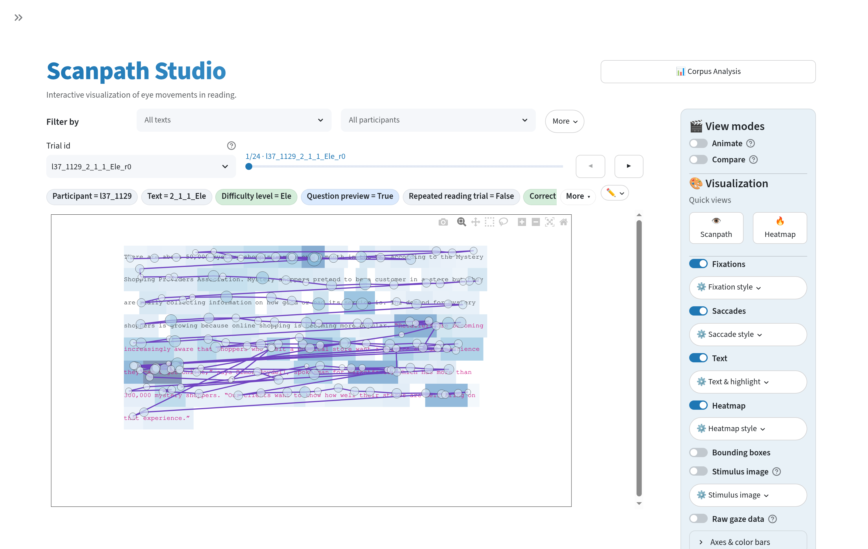 The Scanpath Studio app: a scanpath drawn true-to-scale over the stimulus text, with the layer controls on the right
