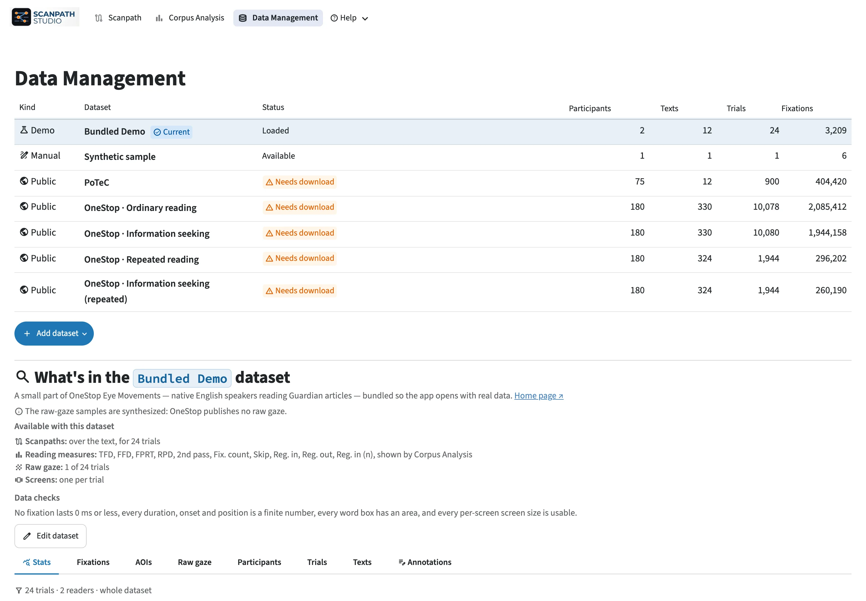 The Data Management page: the available datasets, and the counts and tables of the open one