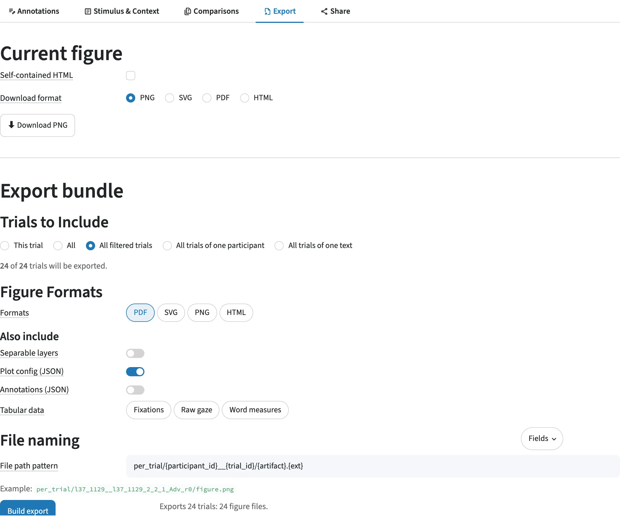 The Export subtab: the current figure, and the bundle's trials, formats, tables and file naming