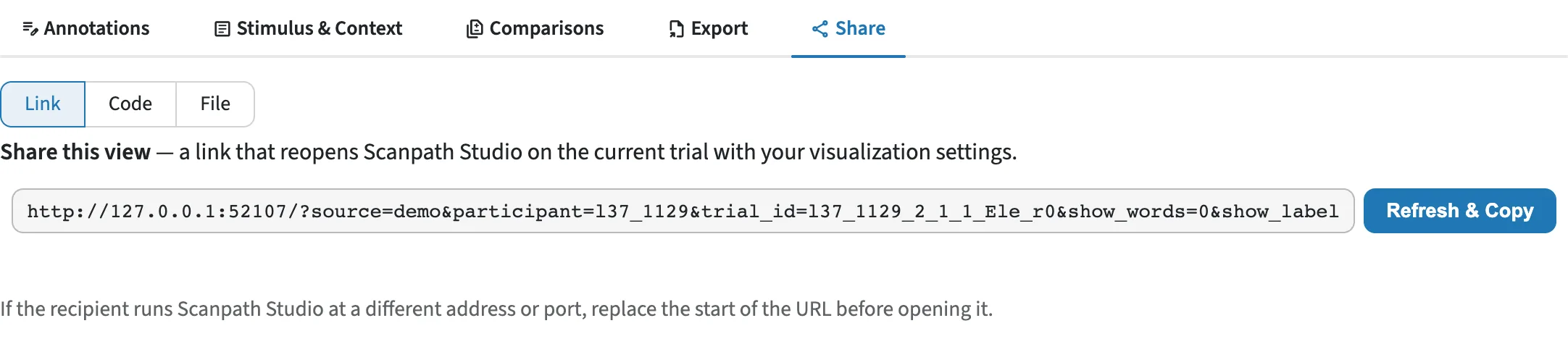 The Share subtab: the Link · Code · File switch, on Link